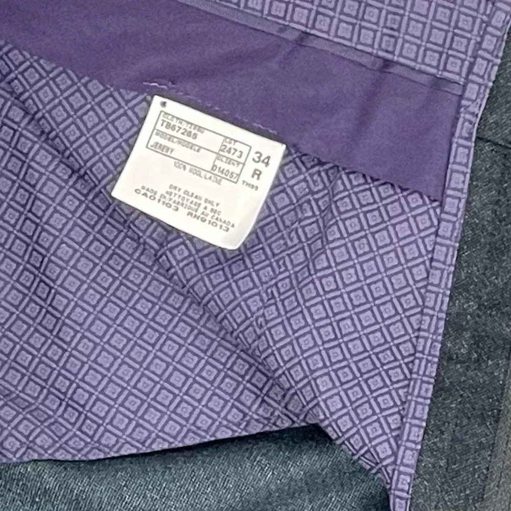Ted Baker 100% wool dark blue flat front classic trousers, 34/29 purple lining